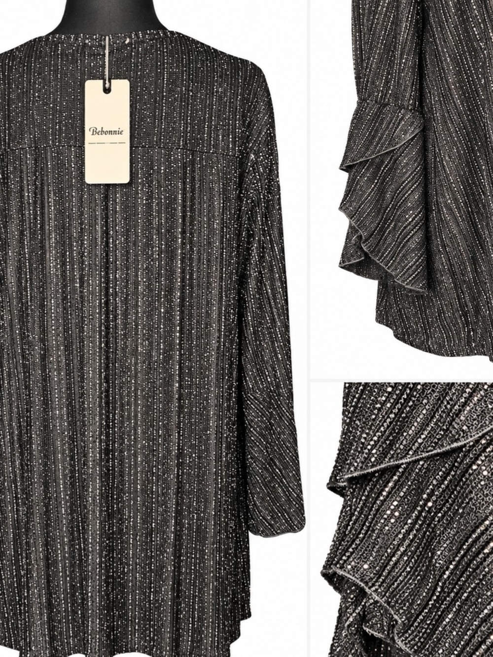 Bebonnie Black Metallic Stripe Ruffle-Sleeve Women's Dress